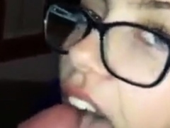 Girl with glasses gives blowjob but wasn't ready for cim