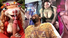 big breast sid looking like a baddie while sucking off a hard cock so good he cums extra hard, ai generated