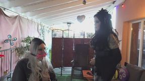 Helpless Kneeling Afternoon with Mistress – Bolero Straitjacket, Nipple Clamps, Pink Silicone Bit Gag & Whipping