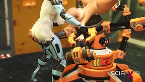 Sci-fi lab encounter: robot shemale seduces busty brunette for passionate encounter