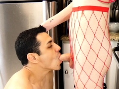 Big tit shemale jerks her long cock