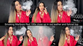 Smoking Marlboro Red 100s close up in red leather and fishnet top