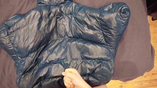 Draining off and Spunking on my Glossy Blue Puffer Jacket
