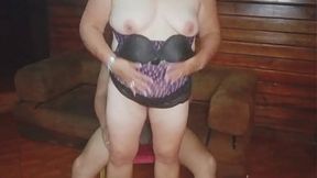 This is how my sexy mature neighbor in lingerie greets me. She asks me to leave her pussy full of milk.