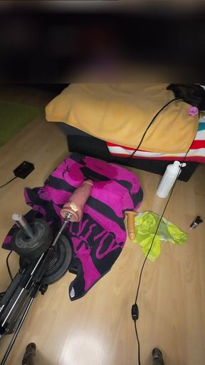 Sexy crossdresser jerks off his micro cock while the fucking machine penetrates him deep