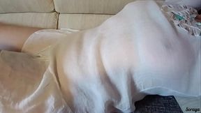 milf cleaning the house in a transparent dress without panties