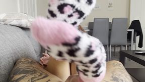 fluffy sockjob with huge tattooed cock