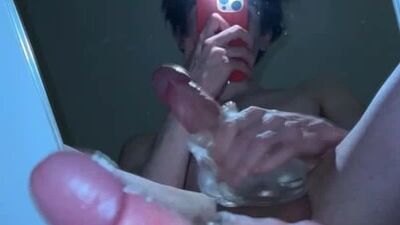 I'm Milking my Uncut Wet Dick and Squirt Cum on the mirror under me