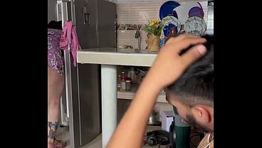Step mommy with huge natural tits masturbates in the kitchen