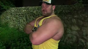 muscle flexing after gym in the carpark