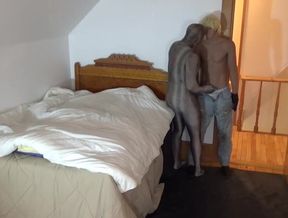 Zentai croc gagging on shirtless jock’s jeans stuffed cock