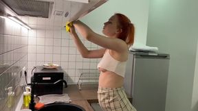 Girl with Ponytails Cleaning Her Flat Without Panties!