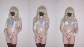 femboy in see-through shiny silver racing swimsuit releases her femboy juices