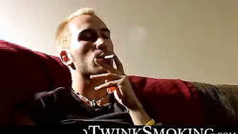 Hairy twink Jacob strokes his cock and chain-smokes Marlboros in solo session