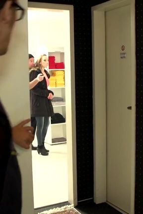 Blonde babe sucks deep an older man in the bathroom but the other one take her for real good office fuck