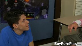 Cute Braden and big dick Drake barebacking in classroom