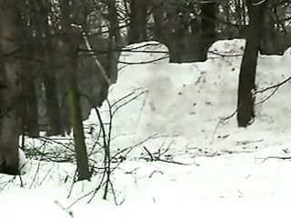 Russian maid gets caught peeing in the snow