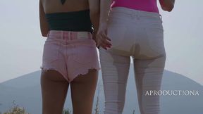 julia and marina wetting jeans on bare foot hike