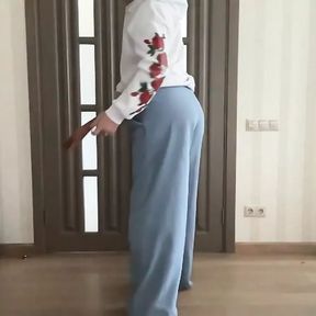 Palazzo wide leg flared blue jeans and white hoodie with roses print on tranny crossdresser femboy