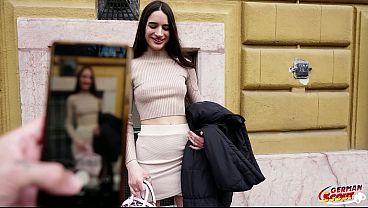 German Scout gives a sloppy blowjob to Candie Luciani's big cock in skirt