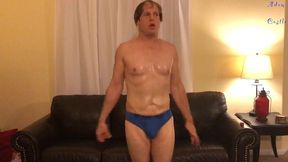 oiled stud does workout in man-thong