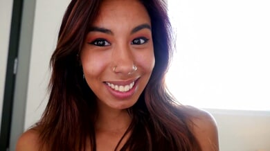Petite Asian teen with tiny natural tits chokes on a massive cock and greedily swallows every thick load in an intense POV blowjob