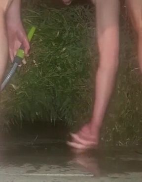 Clean Pressure Enema with Ass Lips and Pissing - Outdoor Garden Hose Anal