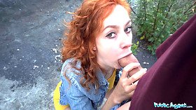 Watch this tight-bodied redhead waitress suck and get fucked doggystyle in public