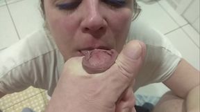 Mature wife's close-up POV blowjob in bathroom