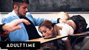 ADULT TIME - Bored Petite Aiden Ashley Sucks Classmate Under Desk Then Gets Fucked After Class