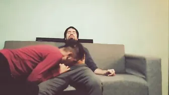 Bear sucks and rides his boyfriend's cock on the sofa