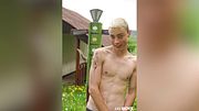 Slim boy shows off his body and cock in the garden