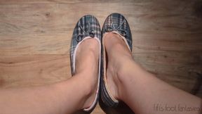 Fifi shoeplay in grey and pink plaid ballet flats then more shoeplay in black leather ballet flats