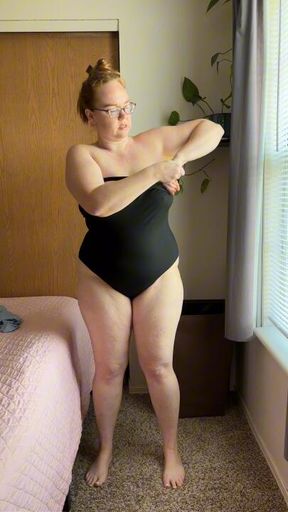 me, behind the scenes, slipping into — and out of — those two Shein bodysuits.