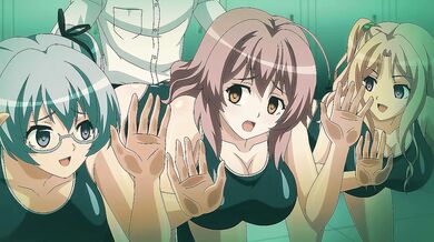 Busty anime babe rides huge cock in cramped locker room