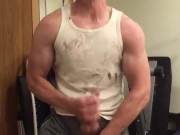 Muscular guy flexing in a dirty wifebeater and shooting cum!