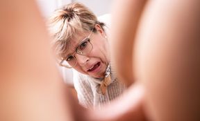 Cum on face for the bald dude after he fucks like a whore