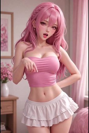 3d anime girl, in pink top and white miniskirt, pi