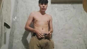 19-year-old masculine stud gushing while milking himself with a big dick toy