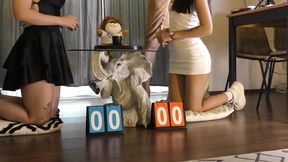 Two hot beautiful horny girls try to make a big cock guy cum with a dice challenge double handjob game