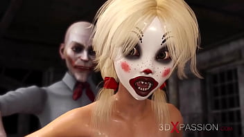 Man bangs a cute sexy blonde in a clown mask in the abandoned room