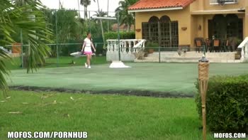 Melody Jordan's Tennis Court Tryst: Sexy Redhead's Public Blowjob