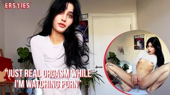 Maria J pleasures her shaved pussy with a dildo while watching her favorite model
