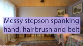 Messy stepson spanking - hand, hairbrush and belt