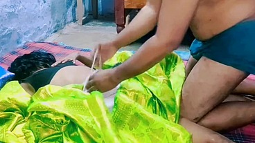 Indian village wife green colour saree Fuking