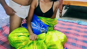 Indian village wife green colour saree Fuking