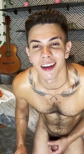 Naughty guy putting the 30 cm cucumber in his ass