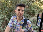 backpacker hitchhiking and a man opens the hole in his motorhome