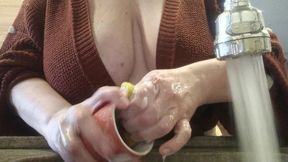 My stepmother films and shows what clothes to wear and how to wash dishes.