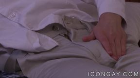 Homosexual guy cock stroked and butt fucked by a hairy hunk